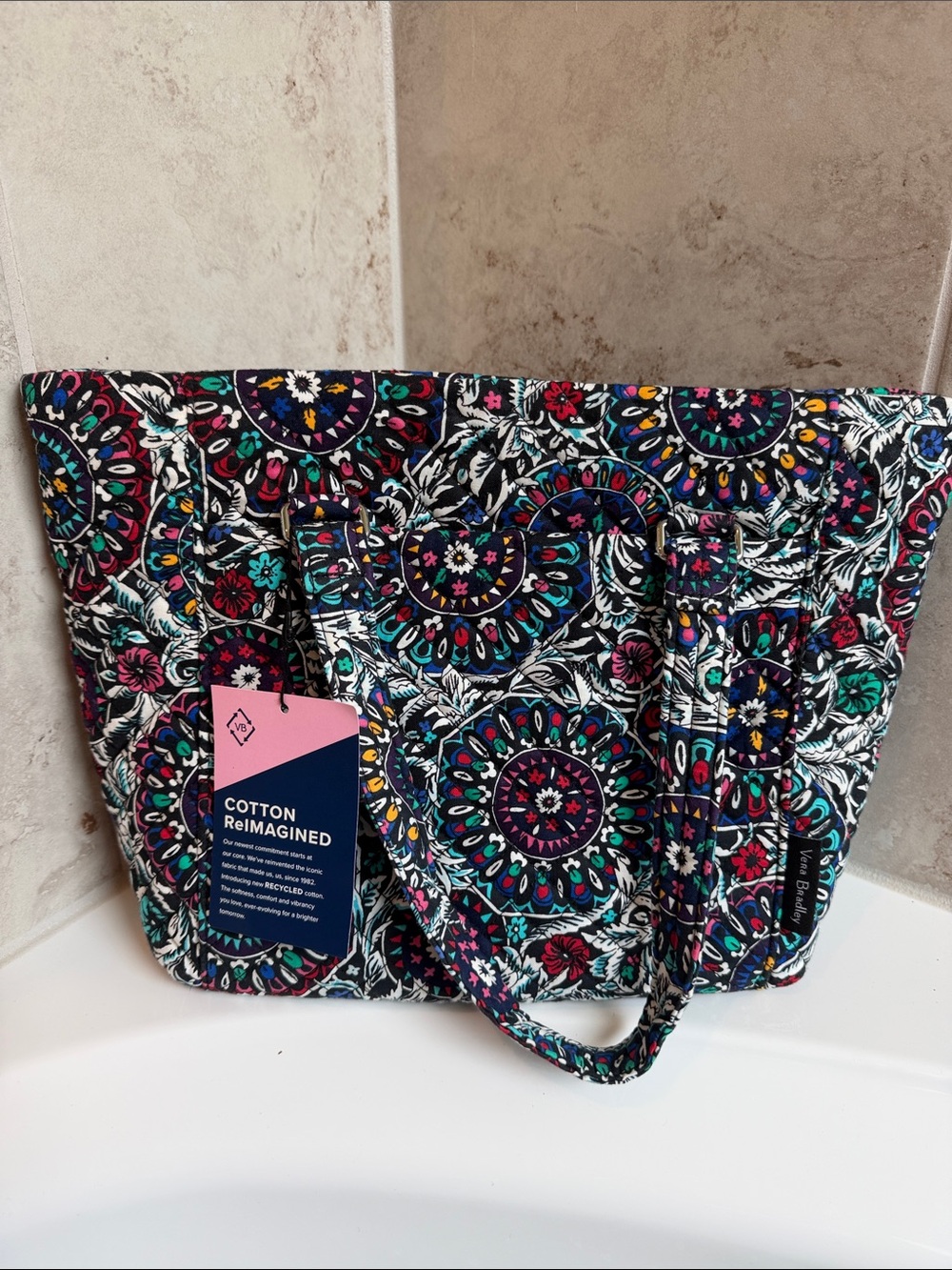 Vera Bradley Black Cotton Tote with Multicolor Floral Medallion Print